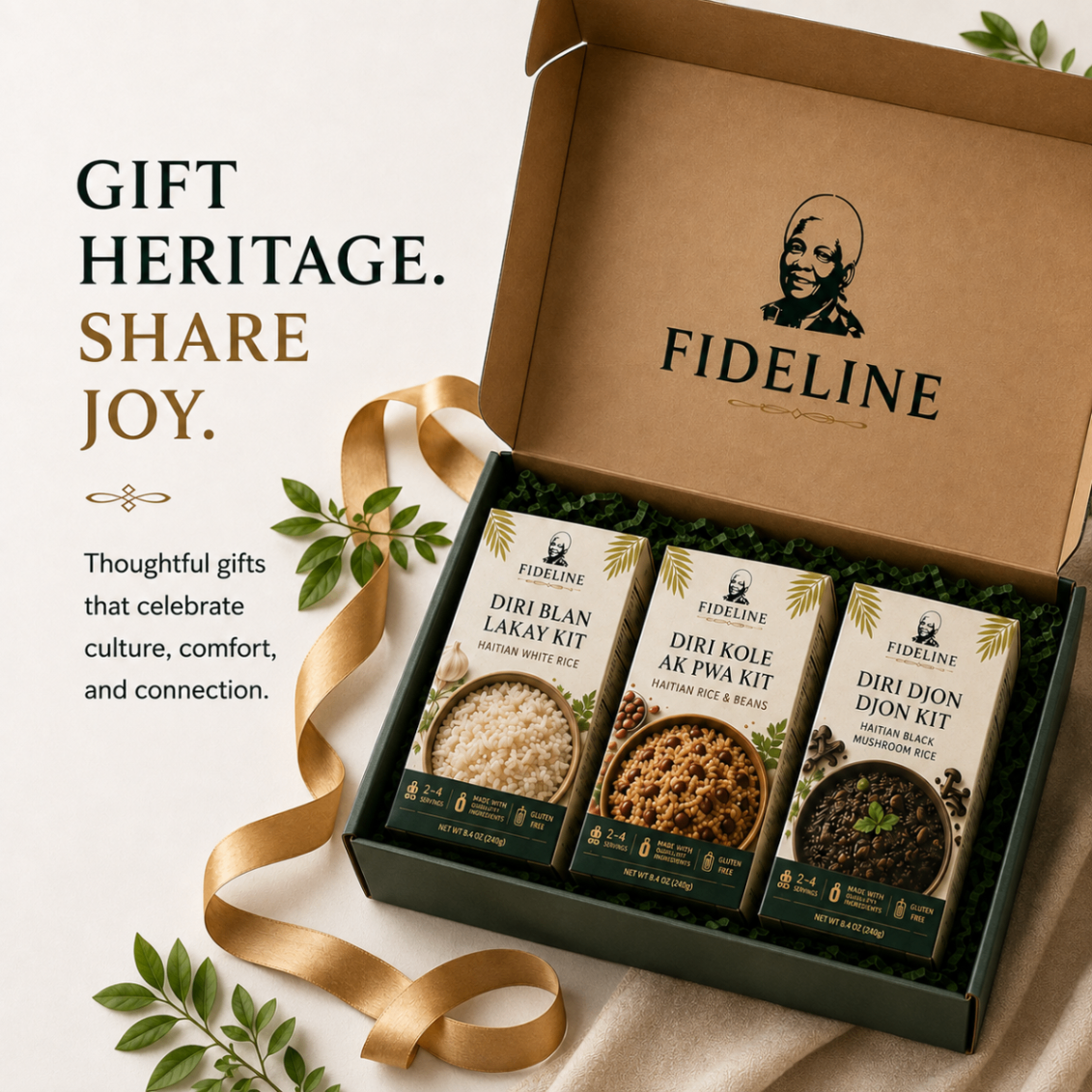 The Fideline Heritage gift box with all three Haitian rice kits